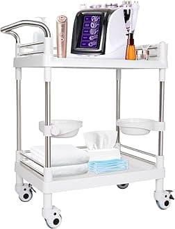 Rolling Utility Cart with Wheels Mobile Medical Trolley Cart for Ultrasound Scanner 330 Lbs Load Steel Plastic Beauty Storage Cart with 2 Basins and Kegs for Hospital Clinic Office Home