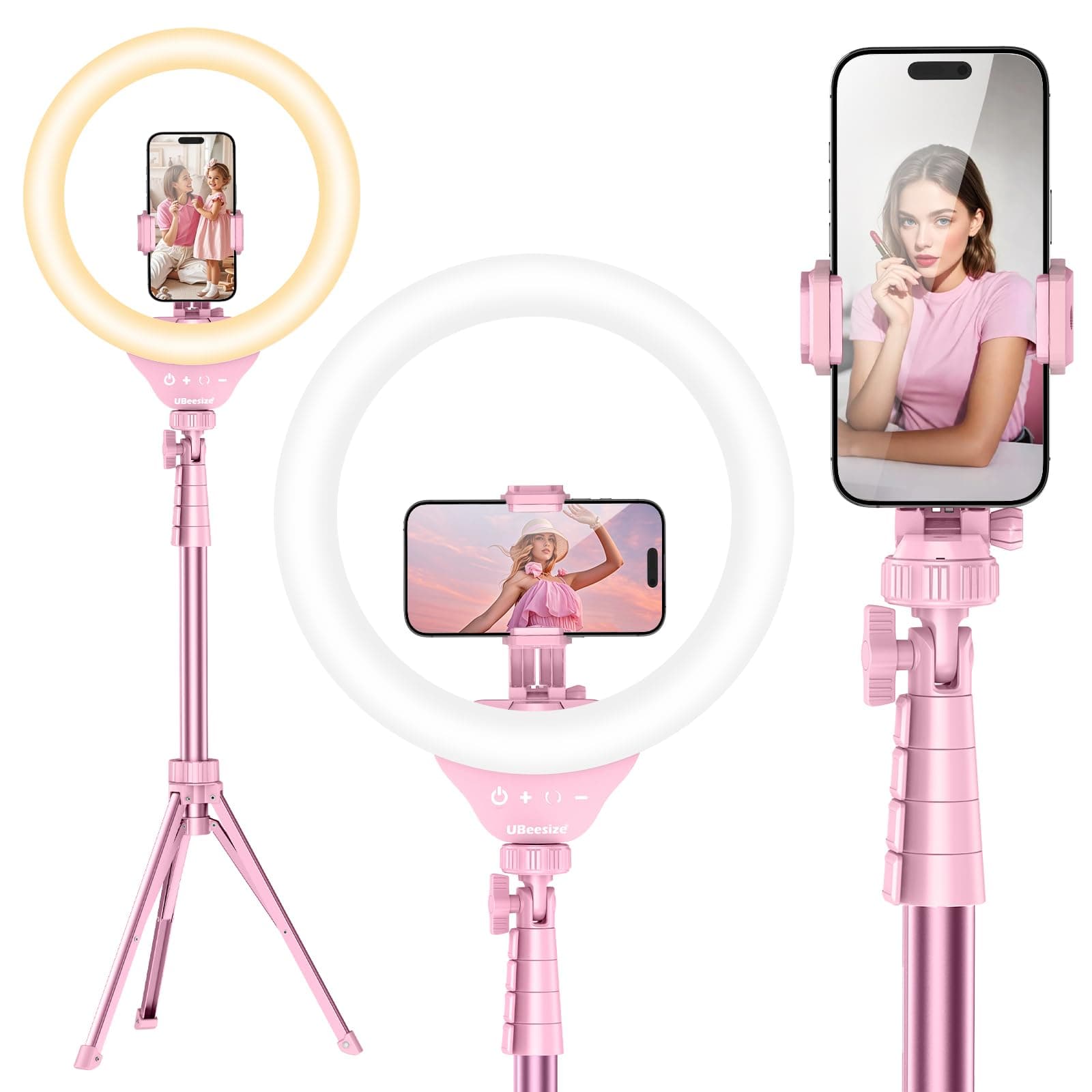 UBeesize 12'' Selfie Ring Light with 62’’ Tripod Stand for Video Recording, Live Streaming(YouTube, Instagram, TIK Tok), Compatible with Phones, Cameras and Webcams Pink