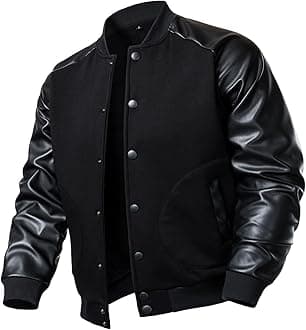 Men's Varsity Baseball Jacket Cotton Blend Letterman Jacket with Faux Leather Sleeve Bomber Coat