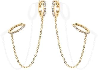 14K Gold Chain Earrings for Women, Cubic Zirconia Pearl Hoop Earrings for Women