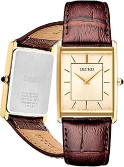SEIKO Essentials Watch for Men - Water Resistant with Stainless Steel Rectangular Case and Leather Strap