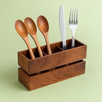 Wooden Spoon Holder – 3 Compartment Cutlery Rack & Utensil Stand for Kitchen, Dining Table & Restaurant, Brown (L-9 x W-3 x H-4.5 Inches)