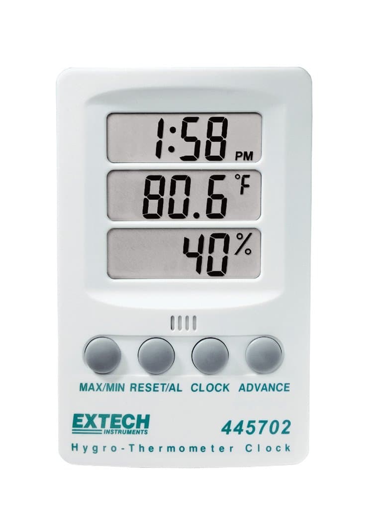 445702 Hygro-Thermometer Clock - Digital Humidity Monitor and Indoor Thermometer with Max/Min Memory, Triple LCD Display, 12/24 Hour Clock, and Alarm - Wall Mount or Desktop Stand