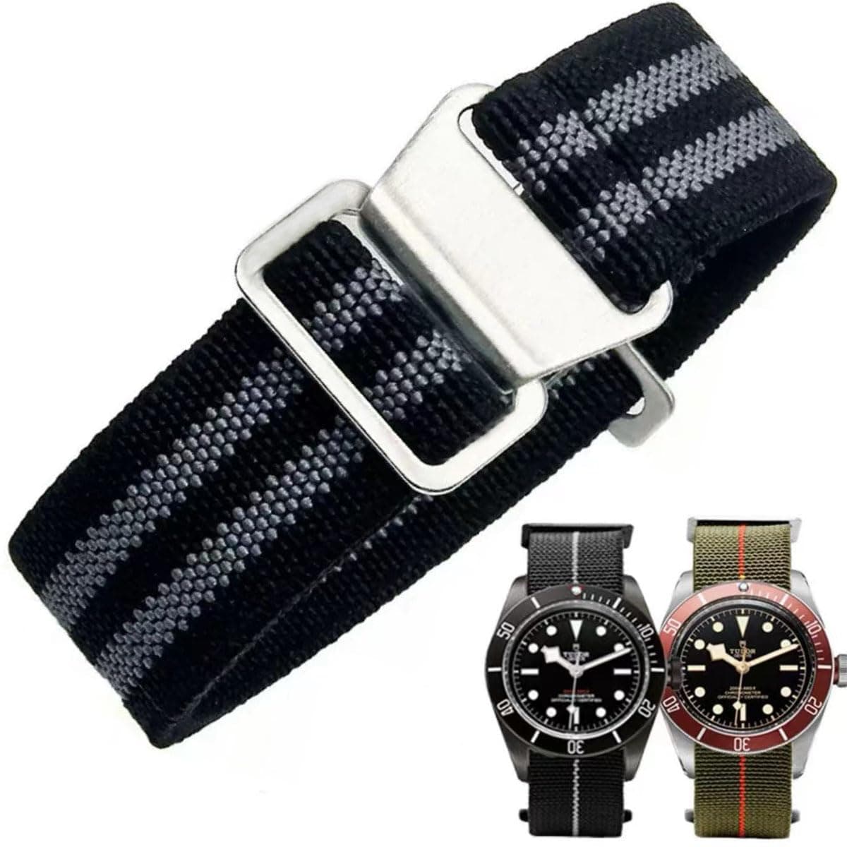 French Troops Paratrooper Watchband,Military Elastic Nylon Watch Strap with Hook-and-Loop for Men Women Silver & Black Buckle 18/20/22mm