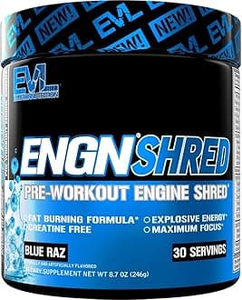 EVL Ultimate Pre Workout Powder - Thermogenic Fat Burn Support Preworkout Powder Drink for Lasting Energy Focus and Stamina - ENGN Shred Intense Creatine Free Preworkout Drink Mix - Blue Raz