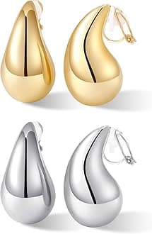Gold Drop Clip On Earrings Dupes Teardrop Chunky Non Pierced Earring 14K Real Gold Plated Hypoallergenic Lightweight Earrings for Women（Gold and Silver）