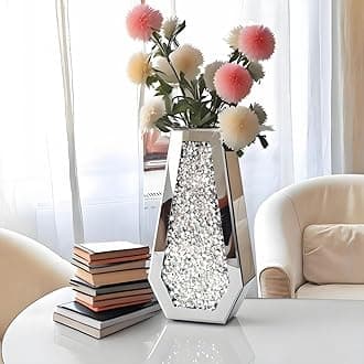 ALLARTONLY Flower Vase Crushed Diamond Mirrored Vase Crystal Silver Glass Decorative Mirror Vase Large Size Luxury For Home Decor. Diamond Shape Thickened. Can’t Hold Water.