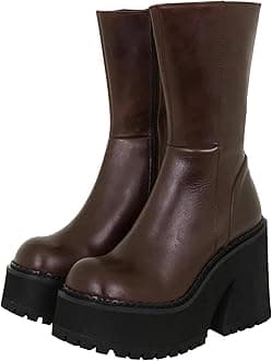 Womens Wedge Heel Ankle Boots Platform Zipper Punk Motorcycle Booties Chunky Block High Heel Round Toe Fashion Work Combat Boots Mid Calf For Women