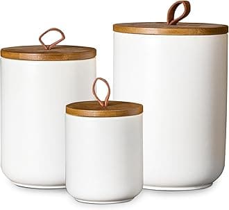 JOJUNO White Ceramic Canister Set with Wooden Lid, 3-Piece Airtight Food Storage Jars for Kitchen Counter - Flour, Sugar, Coffee, Tea, Spice - Small, Medium, Large Sizes