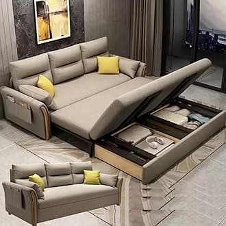 UNICORN FURNITURE Convertible Sofa Bed King Size Pull Out Sofabed with Storage in Cotton Fabric, Tool-Free Assembly, Modern Reclining Sleeper Couch for Living Room, Guest Room & Small Spaces (Beige)