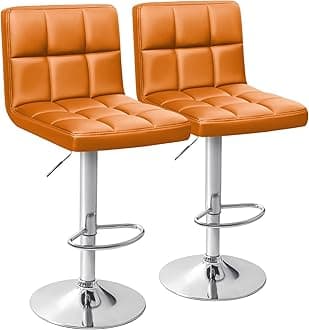 Homall Bar Stools Modern PU Leather Adjustable Swivel Barstools, Armless Hydraulic Kitchen Counter Bar Stool Extra Height Square Island Barstool with Back Set of 2 (Leather, Orange)