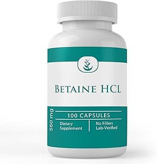 Betaine HCL, 560 mg Serving, 100 Capsules, Pure & Potent, , Non-GMO, Gluten-Free, Lab- , No Stearates or Fillers, Made in The USA,