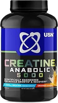 USN Creatine Anabolic 5000 – All-in-One Muscle Growth & Recovery Powder, 5000mg Creatine Monohydrate + 3000mg BCAAs, Low Sugar, Orange Flavour, 900g (30 Servings) - New Formula