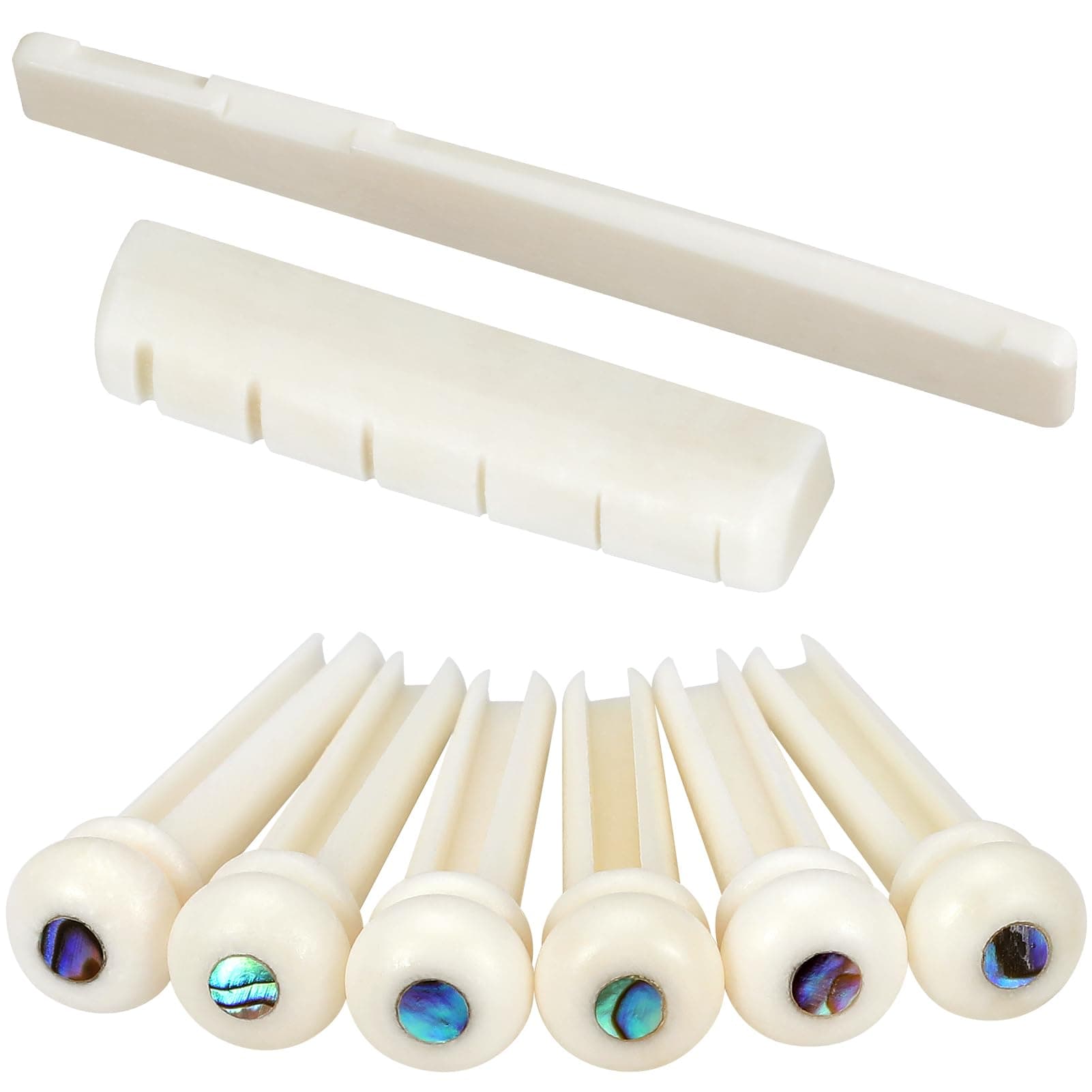 Blisstime 6 String Acoustic Guitar Bone Bridge Saddle and Nut and 6pcs Guitar Bone Bridge Pins Made of Real Bone