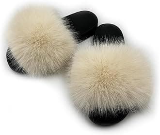 Women's Faux Fur Slides Slippers Fluffy Fuzzy Sandals Open Toe Furry Slide Flip Flop Indoor Outdoor