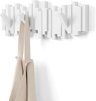 Umbra Sticks Wall-Mounted Coat Rack Rail Hook with 5 Retractable Pegs – Modern, Space-Saving Storage Organizer, White