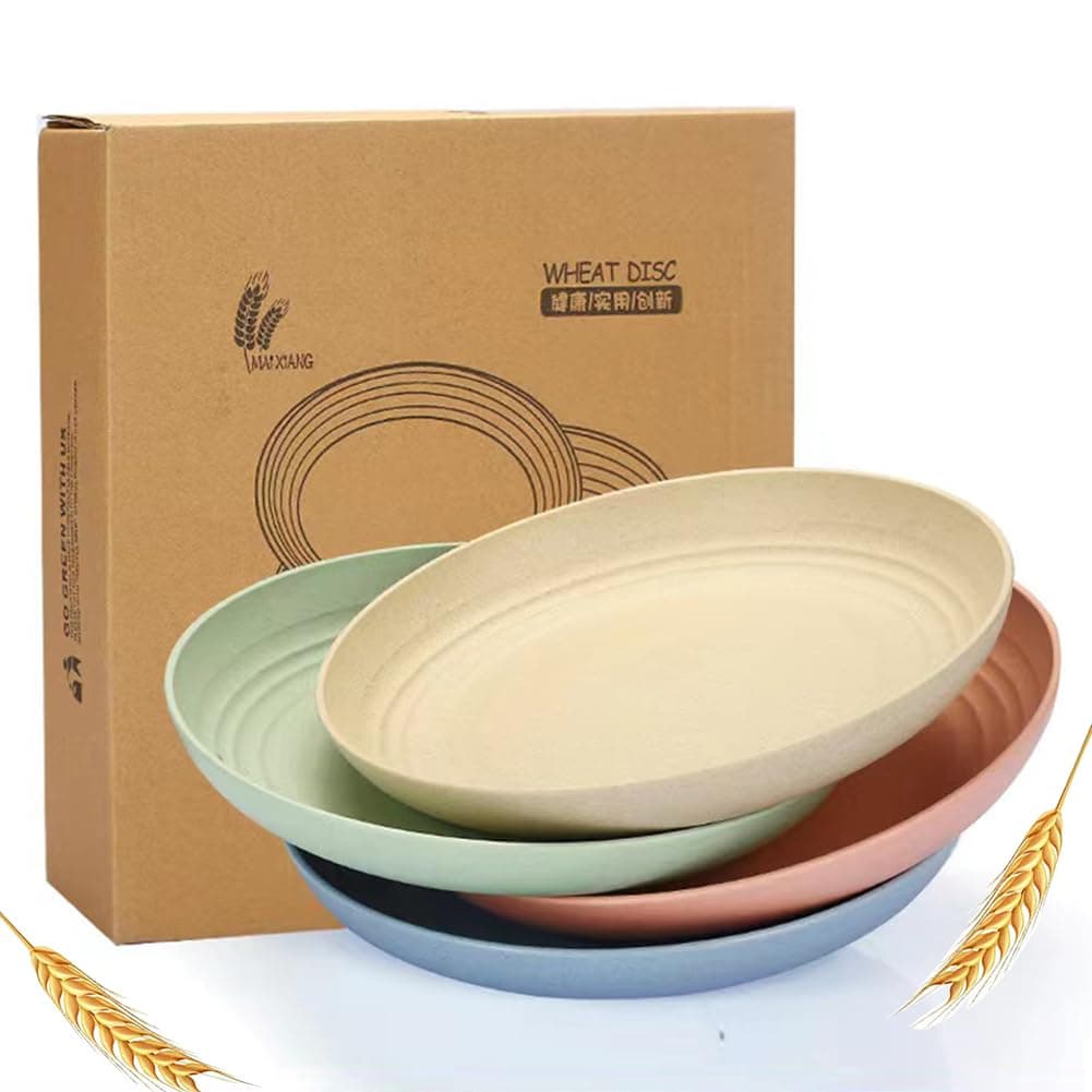 Unbreakable Wheat Straw Plates, 9 inch, Reusable Set of 4, Dishwasher Safe, BPA Free, Perfect for Kitchen, Outdoor, Picnic