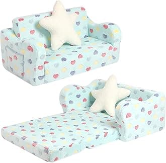 Toddler Couch, 2-in-1 Kids Soft Couch Fold Out with Star Pillow, Foldable Sofa to Lounger, Extra Wider, Colorful Heart