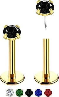 DAYANEYDAYANEY 2 Pcs Gold Nose Stud, 20g Cartilage Black Earrings Tragus Piercing Jewelry,Black Onyx Nose Ring Threadless Medusa Labret Earrings,Flat Back Nose Stud Jewelry for Women/Men(3mm-Black Cz)