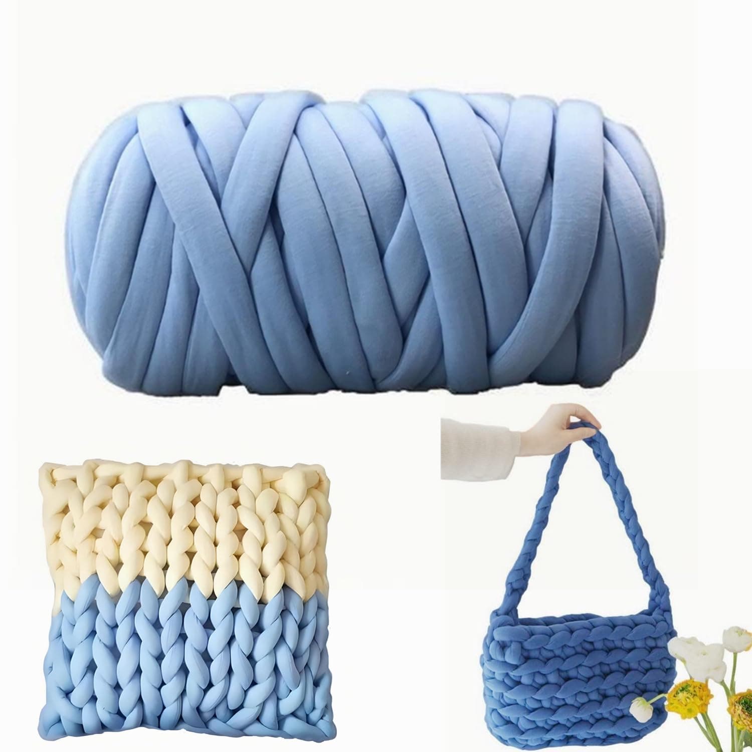 Chunky Wool Yarn 65yds Super Soft 2.2LBS Washable Super Bulky Giant for Extreme Arm Knitting DIY Throw Sofa Blanket Pillow Pet Bed and Fence (1kg, Blue)