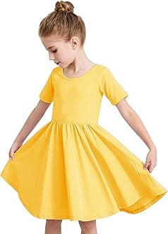 Stelle Girls Short Sleeve Dress Summer Kids Toddler Skater Twirl A Line Solid Color T-Shirt Dress for School Casual 3-12 Y