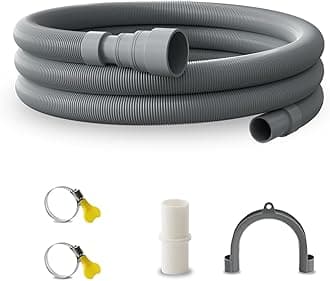 2-meter 6.6 FT universal washing machine dishwasher drain hose extension kit, including a 6.6 FT hose, 1 white extension joint, 2 steel clamps, and U-shaped elbow hose bracket