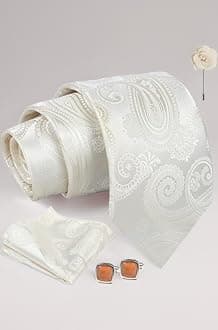 Axlon Tie for Men – Dotted Silk Neck Ties Set with Cufflinks Flower Pin, Pocket Square & Black Gift Box, Combo Necktie Sets for Office Wear, Formal Suits & Weddings (Beige, AX24_3)