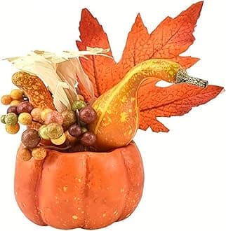 Thanksgiving Artificial Pumpkins Fall Decorations for Home, Small Decorative Orange Pumpkin with Maple for Autumn Harvest Fall Decor Halloween Table Centerpiece Home Kitchen Party