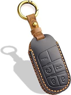 Leather Keychain Case Compatible with Jeep Grand Cherokee Renegade Compass Chrysler Dodge RAM Durango Challenger Journey Dart Fiat No Screws Design Key Holder Protection, black, 5 Button