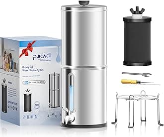 Purewell 1.0 Gallon Portable Gravity Water Filter System, 4-Stage 0.01μm Ultra-Filtration Countertop System with Water Level Window and Stand, Reduce Fluoride & Chlorine, for Camping, RVing (PW-1G-KF)