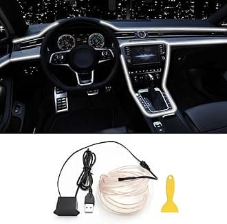 EL Wire Interior Car LED Strip Lights, 16.5FT USB Neon Glowing Strobing Electroluminescent Wire Lights with 6mm Sewing Edge, Ambient Lighting Kits for Car Indoor Decoration (White)