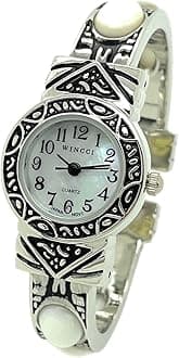 Ladies Silver Metal Bangle Cuff Fashion Watch with Stones Pearl Dial