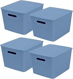 Storage Baskets with Lids - Set of 4 Stackable Plastic Boxes with Handles - Decorative Shelf Organizer Bins for Bathroom and Closet, Blue, 4.7 Gallon