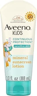 Aveeno Kids Continuous Protection Zinc Oxide Mineral Sunscreen Lotion for Children's Sensitive Skin with Broad Spectrum SPF 50, Tear-Free, Sweat- & Water-Resistant, 3 fl. oz