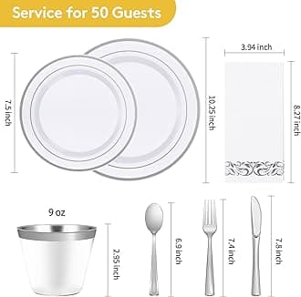 Goodluck 350 Piece Silver Dinnerware Set for 50 Guests, disposable Plastic Plates for Party, Include: 50 Dinner Plates, 50 Dessert Plates, 50 Paper Napkins, 50 Cups, 50 Silverware set