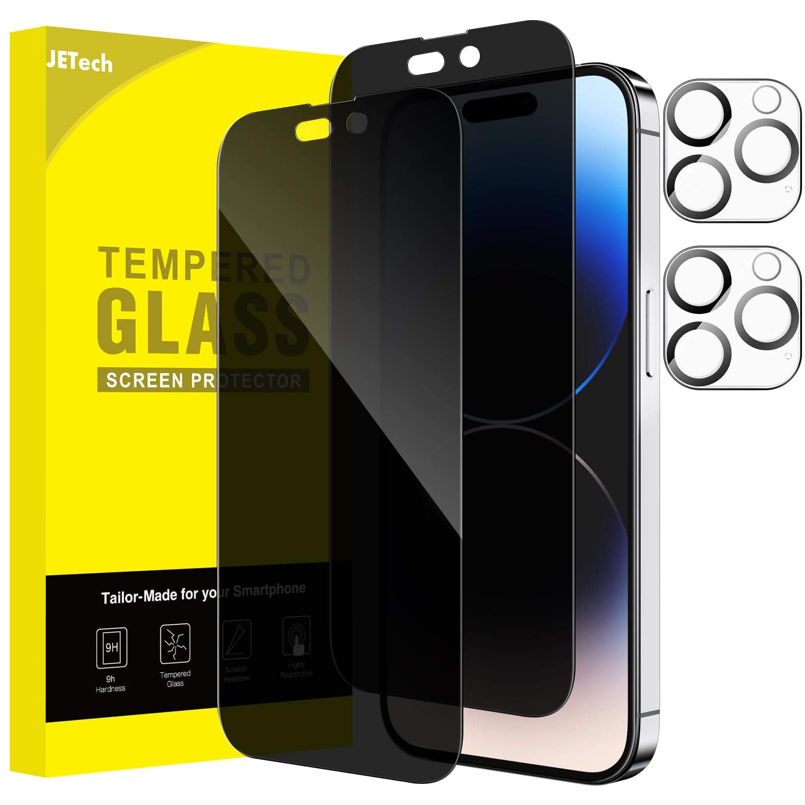 – JETech Privacy Full Coverage Screen Protector for iPhone 14 Pro 6.1-Inch with Camera Lens Protector, Anti-Spy Tempered Glass Film, 2-Pack Each