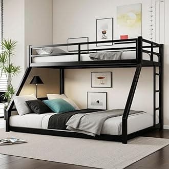 Twin XL Over Queen Bunk Bed for Teens and Adults, Heavy-Duty Metal Bunk Bed Frame with Full Length Guardrail and Ladder, Noise Reduced & No Box Spring Needed, Black