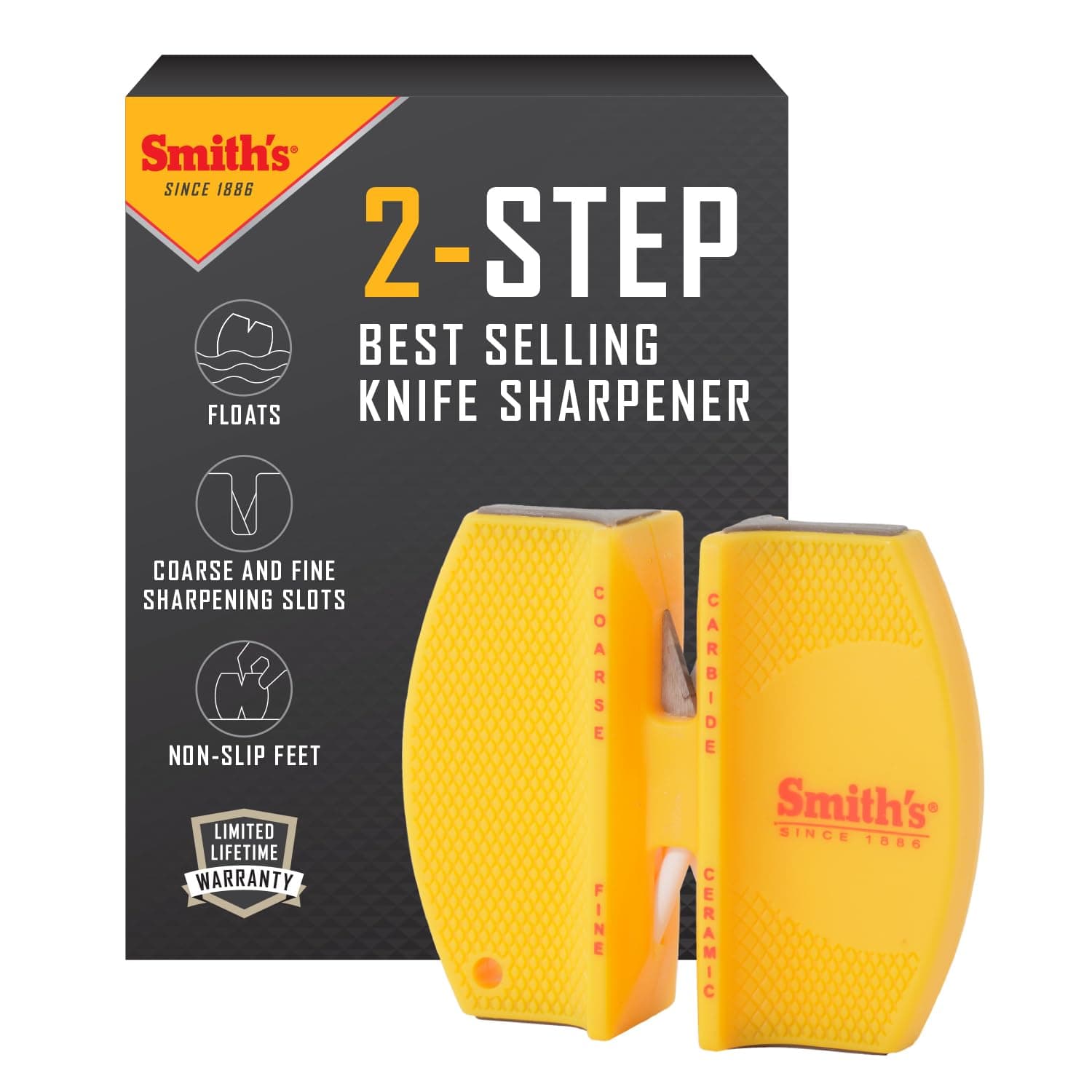 CCKS 2-Step Knife Sharpener - Yellow - 2-Step Preset Coarse & Fine Slots - Outdoor Handheld Knife Sharpener - Fishing, Hunting, Fillet, Pocket Knives - Compact Plastic Portable Keychain Tool