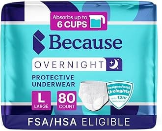 Because Overnight Absorbency Pull Ups - Adult Disposable Incontinence Underwear, Extra Absorbent Nighttime Briefs for Men and Women, White, Large, 80 Count (4 Packs of 20)