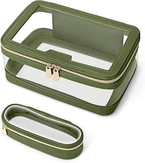 Travel Clear Makeup Bag with Makeup Brush Bag, Leather Makeup Case Toiletry Bag, Portable Cosmetic Bag Case, Transparent Waterproof Cosmetic Organizer Storage Bag for Women, Green, L,