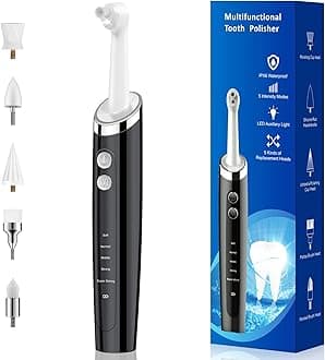 Tooth Polisher, Rechargeable Teeth Polisher for Daily Cleaning, Whitening and Polishing, Electric Dental Teeth Polishing with LED Light, 5 Brush Heads, 5 Speed Modes, Waterproof