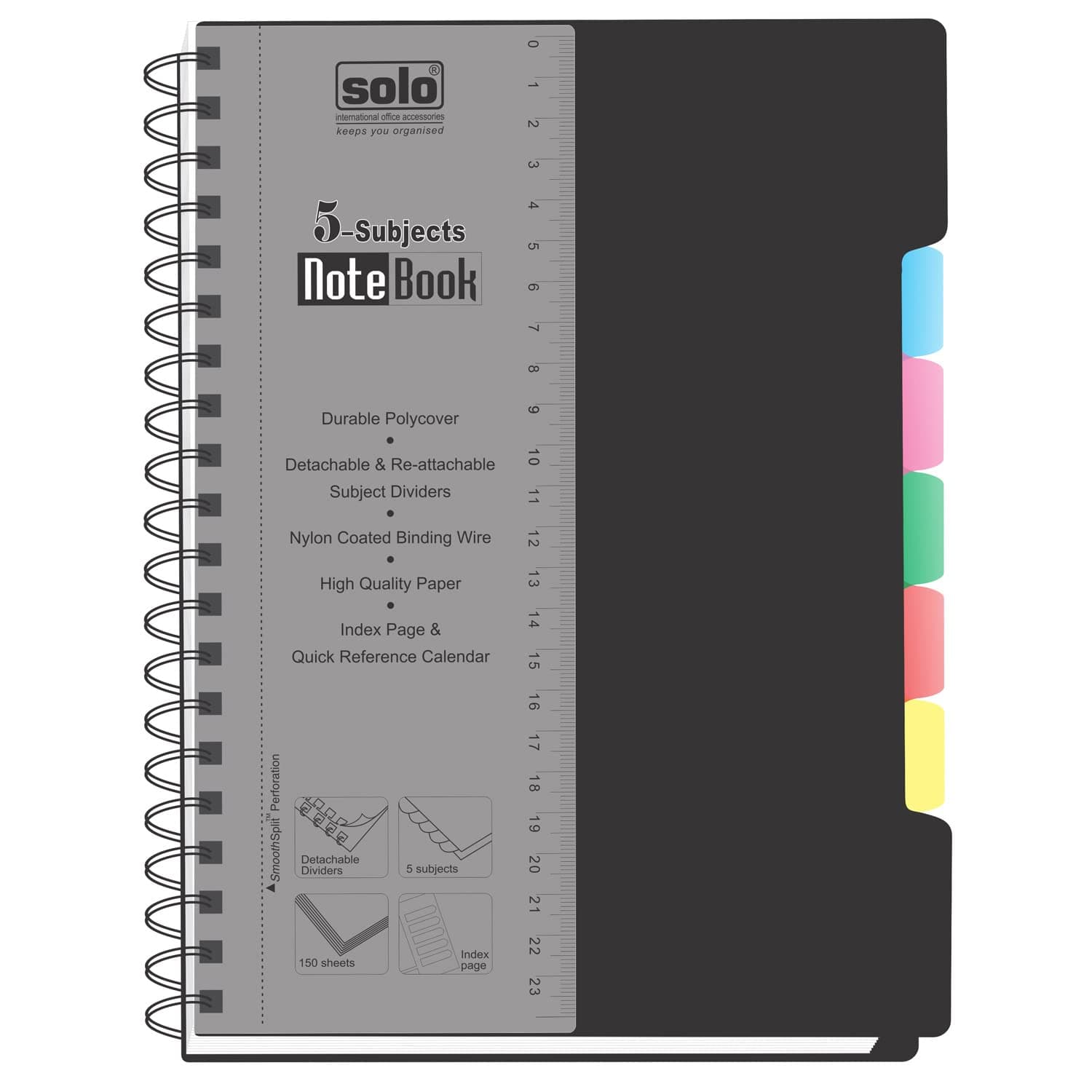 SOLO 5 Subject Notebook – Dot Grid Ruling | B5 | 300 Pages, 70 GSM | Re-attachable Dividers, Monthly Planner, Storage Pocket & Card Slot | Smooth Writing Paper with Perforation | Detachable Scale