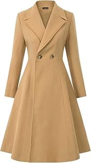 Women's Pea Coat Double Breasted A Line Long Trench Coat Winter Dress Coat with Pockets