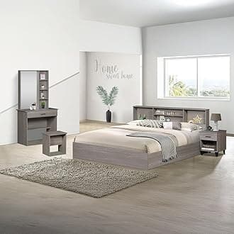 Danube Home Gamorah 5 Pieces Bed Set King Size + Night Stand + Dresser And Stool With Mirror | Comfortable Bedset Full | Sturdy Modern Design Wooden Bed Room Set Furnitures (Grey, King)