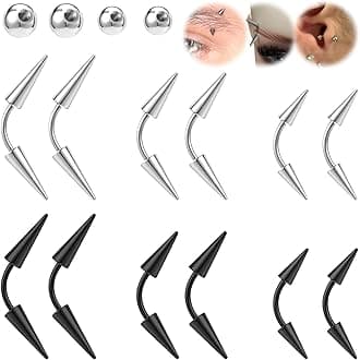16G Spike Eyebrow Piercing Jewelry, Curved Barbell Eyebrow Tragus Lip Rings with Balls, Black Spike Earrings Rook Nose Bridge Ring for Women Men
