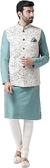 KISAH Men Green White Printed Kurta with Churidar, Full Sleaves, Knee Length, Straight, Regular Fit, Mandarin Collar Ethnic Wear