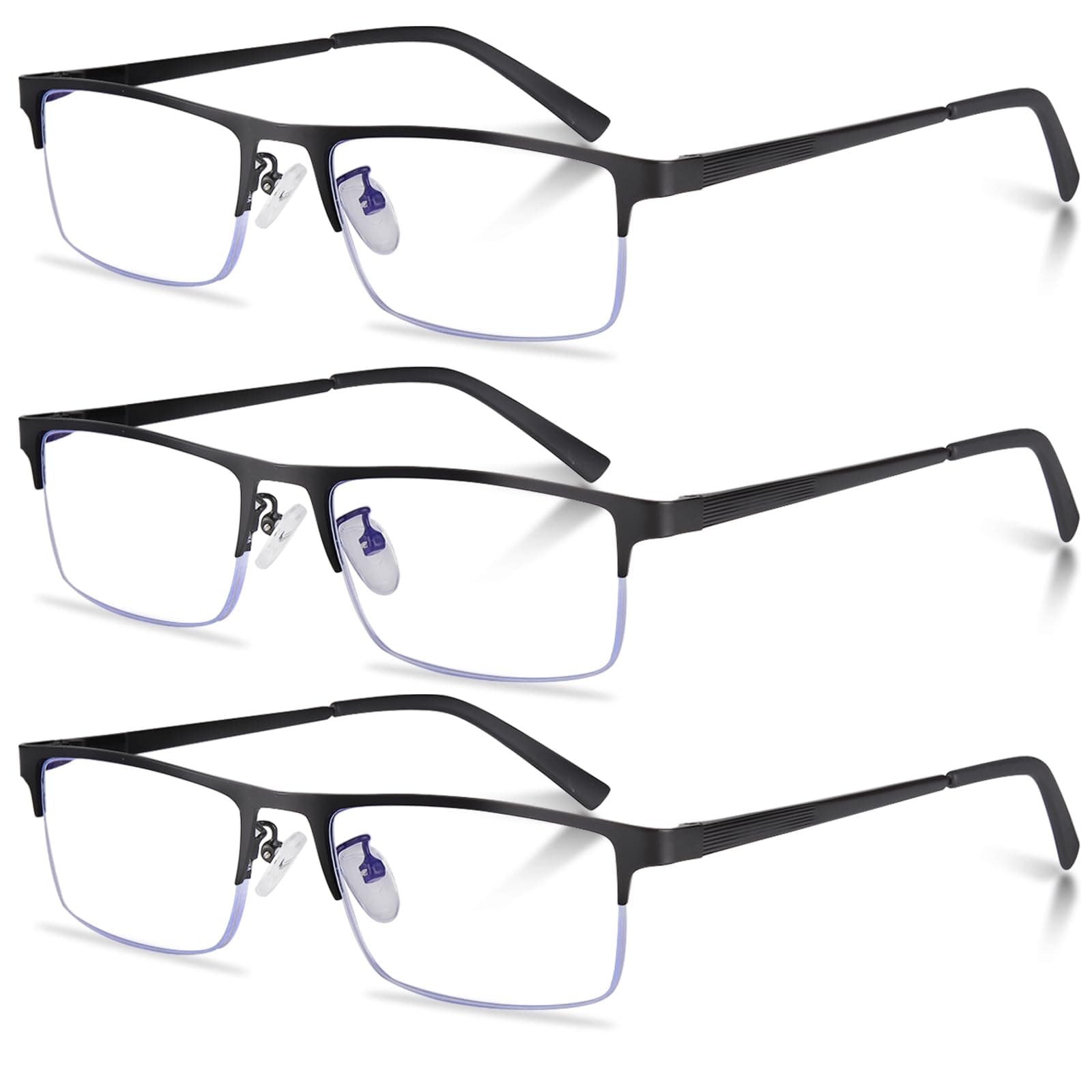 3-Pack Reading Glasses for Men, Lightweight Metal Half Frame Blue Light Blocking Computer Readers