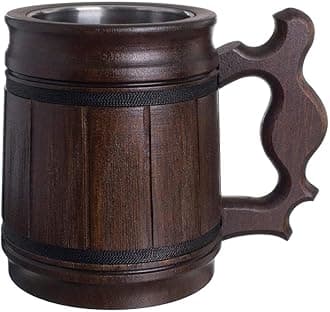 Handmade Beer Mug Oak Wood Stainless Steel Cup Natural Eco-Friendly 0.3L 10oz Classic Brown