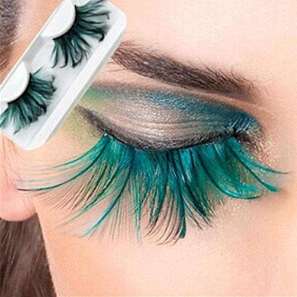 Arison Lashes Feather False Eyelashes Dramatic Thick Long Eye Lashes Natural Soft Reusable Pure Hand-made Cross Feather Fake Eyelashes Extension Creative Stage Lashes for Ladies Makeup 1 Pair (Green)
