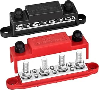 Power Distribution Block 12V 250A Bus Bar 4 x 5/16" Stud Marine, 6 x #8 Screws Terminals Block (Pair - Red & Black)